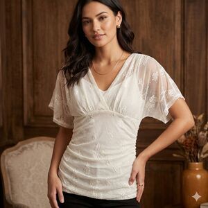 Intuitions Lace Top Medium Ivory White Mesh Ruched V-Neck Flutter Sleeve Boho M